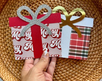 Christmas Gift Card Holder: Silver Glitter Bow, Plaid Print