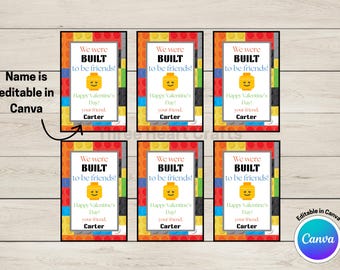Lego Valentine, We Were Built To Be Friends, Non-Candy Treat, Editable Names (Digital Download), Valentines for Boys