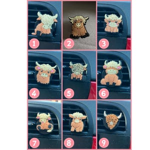 May include: Nine different car air freshener designs featuring a brown and white Highland Cow. Each design is a different pose of the cow. The air fresheners are attached to car vents.