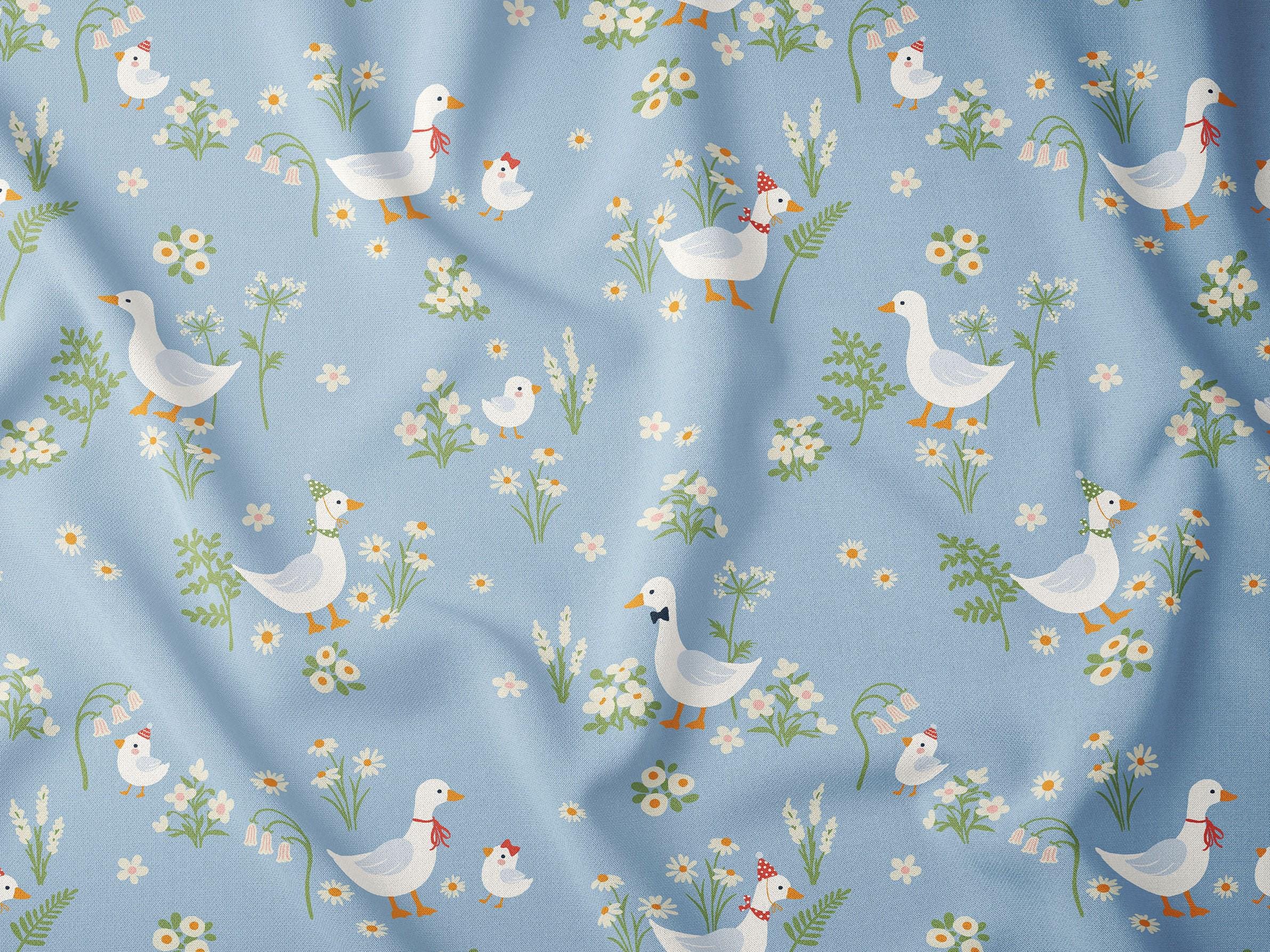 Blue Floral Duck Print Fabric: Custom Print on Muslin, Poplin, Linen ...