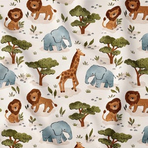 Tessuto con animali della giungla - Stampa di animali e alberi - Stampa personalizzata su mussola, popeline, lino, raso, denim, gabardine, impermeabile, tagliato su misura