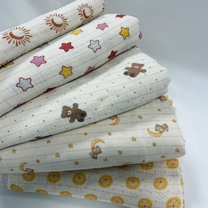 Double Gauze Muslin Fabric with Glitter Details – Bear, Crescent Moon, Polka Dot, and Star Patterns – Fabric for Sewing, Craft, 148 cm wide