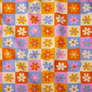 Tessuto a scacchiera retrò con margherite – Stampa floreale colorata su mussola, popeline, lino, raso, denim, gabardine, tessuto impermeabile tagliato su misura
