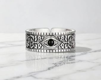 Vintage Eye Flower Ring: Adjustable Sterling Silver Engagement Jewelry