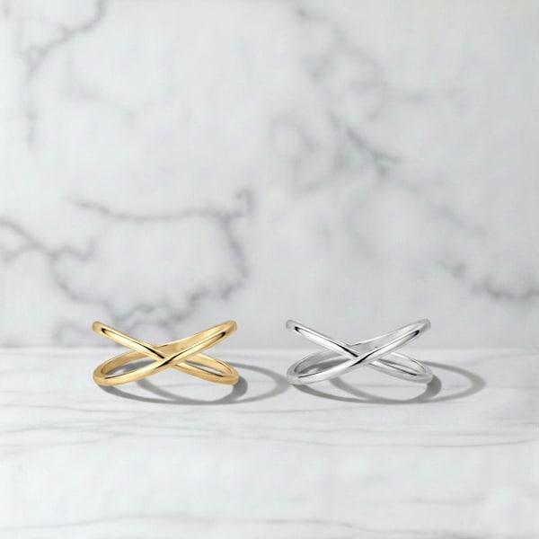 Vergulde sterlingzilveren X-ring: minimalistische gekruiste beloftesieraden