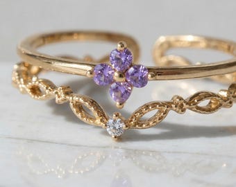 Floral Beaded Band Ring, Stackable Minimalist Jewelry, Gold Silver Tone