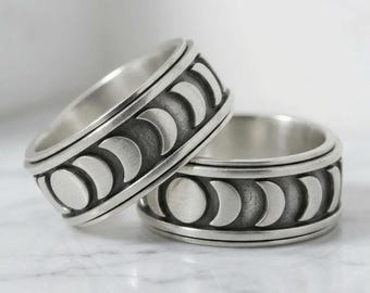 Sterling Silver Moon Phase Spinner Ring – Minimalist Fidget Jewelry