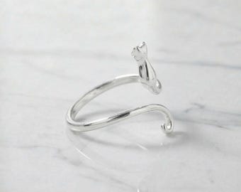 Silver Forest Cat Open Ring: Minimalist Animal Jewelry, Dainty Stacking Ring