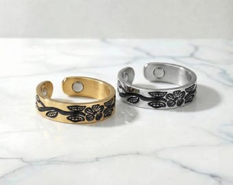 Gold Plated Magnetic Slimming Ring: Stainless Steel Flower Band
