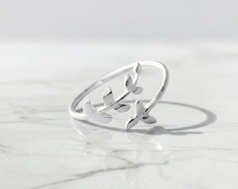 Olive Leaf Sterling Silver Ring: Adjustable Nature-Inspired Branch Band