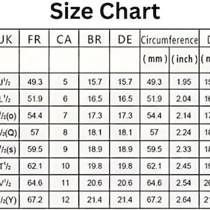 May include: A ring size chart with measurements in inches and millimeters. The chart includes USA, UK, FR, CA, BR, and DE sizes, along with circumference and diameter measurements in both millimeters and inches.