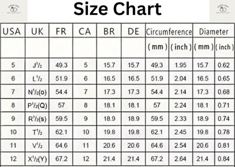 May include: A ring size chart with measurements in inches and millimeters. The chart includes USA, UK, FR, CA, BR, and DE sizes, along with circumference and diameter measurements in both millimeters and inches.