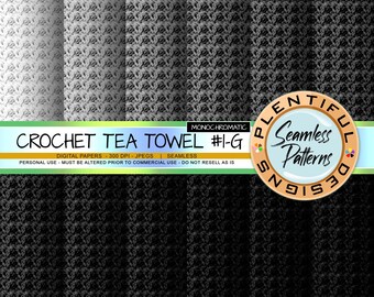 Crochet Tea Towel Seamless Pattern - Monochromatic Patterns, Black, White and Grey tight crochet stitch, digital patterns