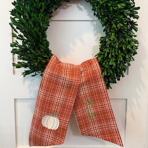 Fall plaid wreath sash, embroidered personalized wreath sash with pumpkin