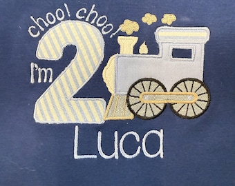 Custom 2nd birthday t- shirt.  Choo Choo! I’m 2!  Train birthday