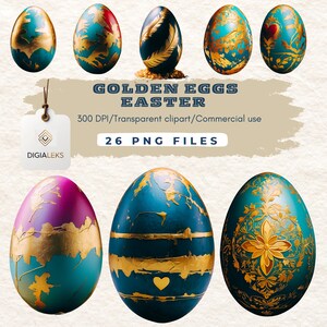 Peut inclure: Plusieurs œufs de Pâques décoratifs aux couleurs teal, bleu et violet, ornés de dorures et de motifs. L'image contient le texte "GOLDEN EGGS EASTER" et "26 PNG FILES". Idéal pour des projets créatifs.