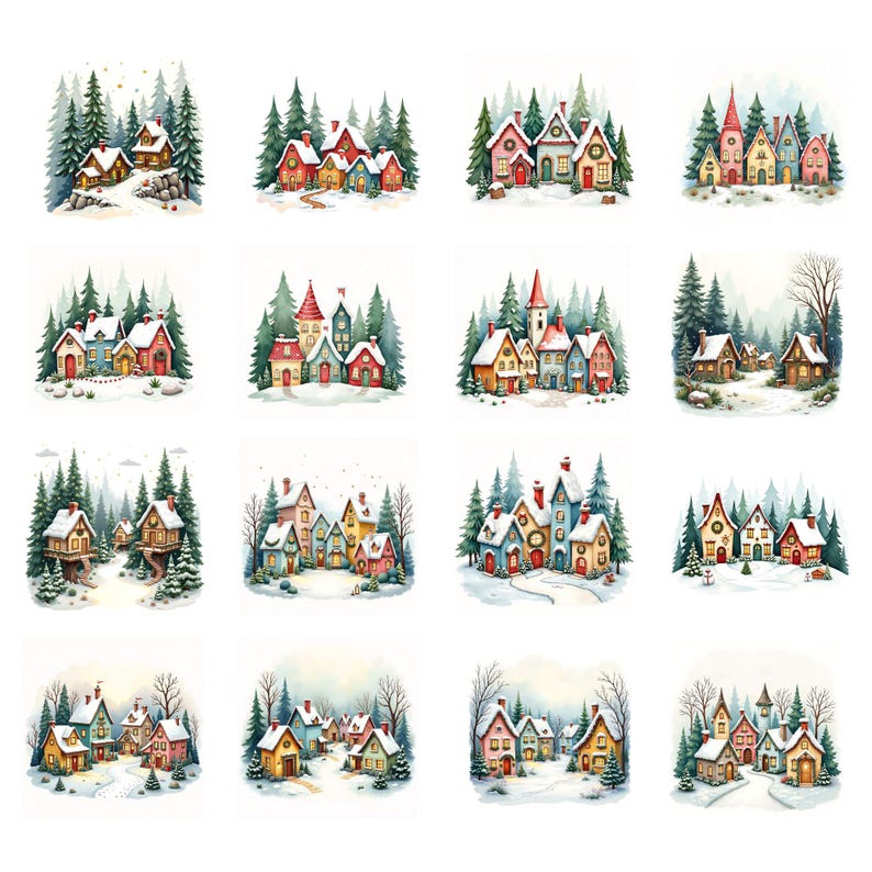Watercolor Christmas Village Clipart, Winter Houses PNG, Festive ...
