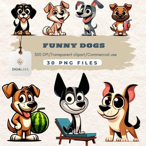 May include: A digital graphic featuring seven cartoon dogs in various poses. The dogs are in different colors, including black, brown, and gray. The image includes the text "FUNNY DOGS" and "30 PNG FILES". A tag with the logo "DIGIALEKS" is also present.