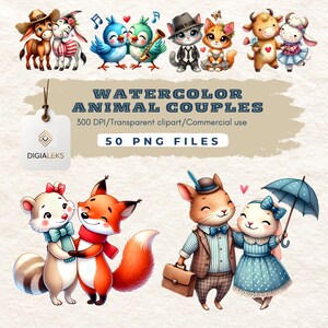 Clipart de pareja de animales lindos de acuarela | Clipart descargable|Diario basura de amor|Gráficos de amor| Pareja romántica png | Pareja de San Valentín png
