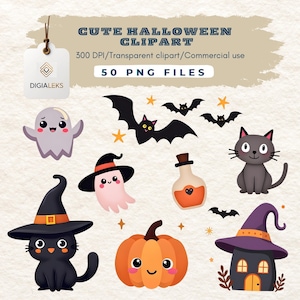 Peut inclure: Ensemble d'illustrations de cliparts d'Halloween mignons. Comprend un fantôme, des chauves-souris, un chat noir, une citrouille, une bouteille de potion et une maison de sorcière. Le texte indique "CUTE HALLOWEEN CLIPART" et "50 PNG FILES".
