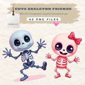 Pastel Skeleton Clipart | Kawaii Halloween Skeleton Characters PNG | Cute Dancing Bones for Stickers & Prints