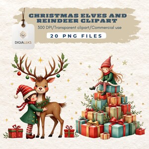 Peut inclure: Clipart numérique de Noël avec un renne, un elfe et des cadeaux emballés. L'elfe porte un manteau vert et un chapeau rayé rouge et blanc. Le texte "CHRISTMAS ELVES AND REINDEER CLIPART" est inclus.