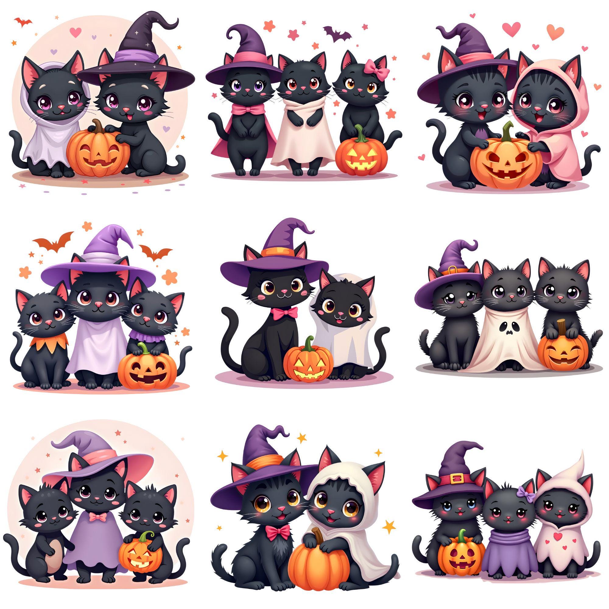 Cute Black Cats Halloween Clipart | Pastel Kawaii Costumes | Witch Cat ...