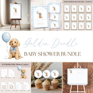Puppy Baby Shower Bundle, Golden Doodle Dog Blue Gingham Bundle, Games And Party Decor, Editable Canva Template PD88