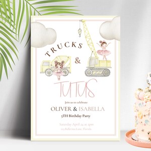 Trucks and tutus birthday invite, Digital Printable Canva Invitation Twin Birthday Invite Editable Template Siblings Birthday