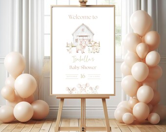 Farm Animals Baby Shower Welcome Sign, Barnyard Baby Shower Gender Neutral, Editable Canva Template PD90
