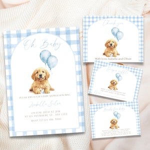 Op de afbeelding: Babyshower briefpapier set met een lichtblauw ruitpatroon. De uitnodigingskaart zegt "Oh Baby" en bevat een aquarel illustratie van een golden retriever puppy met blauwe ballonnen. Andere kaarten zeggen "Bedankt", "Luier verloting" en "Boeken voor baby".