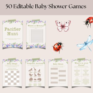 Op de afbeelding: Een set met printbare baby shower-spelkaarten met bloemmotieven. De spellen zijn: "Pacifier Hunt", "Where is Mommy", "Baby Bingo", "Pregnant Animals", "Baby Brain" en "What's in your Phone?"