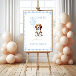 Beagle Baby Shower Welcome Sign, Puppy Dog Themed Shower, Boy Baby Shower Editable Canva Template PD76