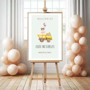 Trucks And Tutus Birthday Welcome Sign, Welcome Party Signs Joint Birthday Party, Ballerina And Construction Editable Canva Template PD21