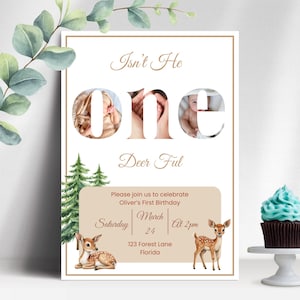 one deer ful birthday invitation, Editable Template Woodland Birthday 1St Birthday Invite Instant Download Woodland Animals Wonderful