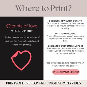 May include: A promotional graphic with the text "Where to Print?" and information about Prints of Love. The design features a black and white background with pink accents, including a heart-shaped logo and the coupon code DIGITALPARTYVIBESIO.