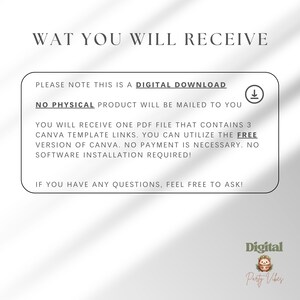 May include: A digital download announcement with the text "WAT YOU WILL RECEIVE." The text explains that the buyer will receive a PDF file with Canva template links. The image includes the text "PLEASE NOTE THIS IS A DIGITAL DOWNLOAD."