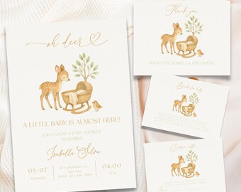 Oh Deer Baby Shower Invitation Bundle, Woodland Deer Gender Neutral Baby Shower, Editable Canva Template PD132