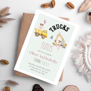 Trucks And Tutus Siblings Birthday Invite, Construction Ballerina Party, Editable Canva Template Joint Birthday Party PD21
