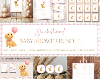 Pacchetto baby shower per cuccioli, pacchetto bassotto a quadretti rosa, decorazioni per giochi e feste, modello Canva modificabile PD138