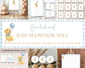 Pacchetto baby shower per cuccioli, pacchetto bassotto a quadretti blu, decorazioni per giochi e feste, modello Canva modificabile PD128