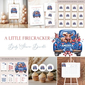 Op de afbeelding: Een baby shower bundel met een patriottisch thema. Het ontwerp toont een blauwe truck met een koe, Amerikaanse vlaggen en bloemaccenten. Inclusief borden, uitnodigingen, spelletjes en cupcake toppers. Tekst bevat "Welcome to" en "A Little Firecracker".