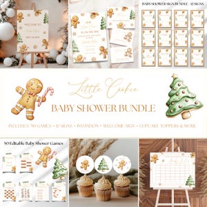 Op de afbeelding: Een baby shower bundel met een gingerbread thema. De bundel bevat een welkomstbord, uitnodigingen, bedankkaarten en diverse andere borden. Het ontwerp toont gingerbread mannen, kerstbomen en sneeuwvlokken in een aquarel stijl. De tekst "Little Cookie Baby Shower Bundle" wordt weergegeven.