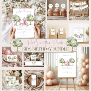 Op de afbeelding: Een verzameling feestartikelen met het thema "Party in the Park". Inclusief uitnodigingen, cupcake toppers, cadeaulabels, een welkomstbord en andere decoraties. Het ontwerp toont een speeltuin met bomen en een glijbaan.