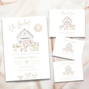 Pacchetto di inviti per baby shower con animali da fattoria, modello di invito modificabile Barnyard Canva, invito per baby shower minimalista e di genere neutro PD90