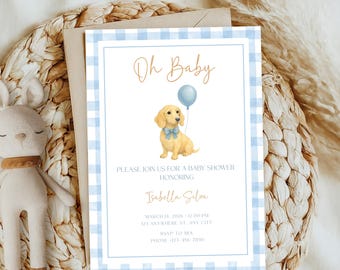 Invito per baby shower con bassotto, tema baby shower con cane blu a quadretti, modello Canva modificabile PD128