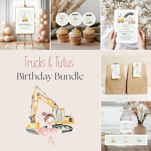 Trucks And Tutus Siblings Birthday Invite Mini Bundle, Construction Ballerina Party, Editable Canva Template Joint Birthday Party PD21