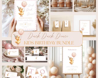 2nd Birthday Invitation Girl Duck Bundle, Duck Duck Deuce Silly Goose Birthday Invitation, Pink Gingham Editable Canva Template PD37