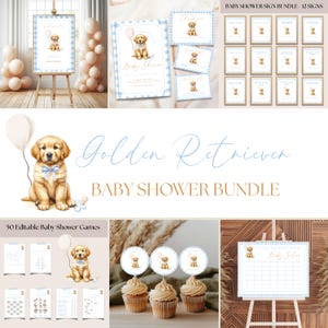 Golden Retriever Baby Shower Invitation Bundle, Puppy Baby Shower Editable Canva Template, Puppy Dog Bow Printable Invite PD48