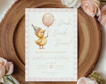 2nd Birthday Invitation Girl Duck, Duck Duck Deuce Silly Goose Birthday Invitation, Pink Gingham Editable Canva Template PD37